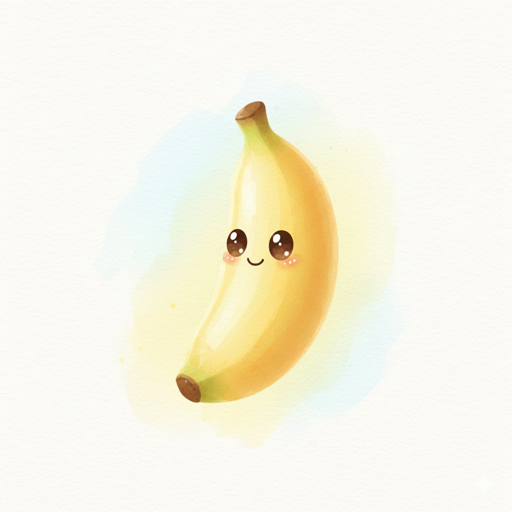 Kawaii banana character in soft watercolor painting style