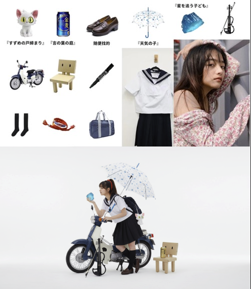 On a pure white studio background, a young female model wears a white sailor suit, carries a single-shoulder backpack (with a cat plush toy and marker), has a red ribbon high ponytail, leans against a motorcycle, holds a blue crystal in her left hand and an umbrella in her right. Next to the motorcycle is a can of golden beer and a three-legged chair toy, with an electric violin leaning against the front wheel. The whole scene is bright and exquisite.