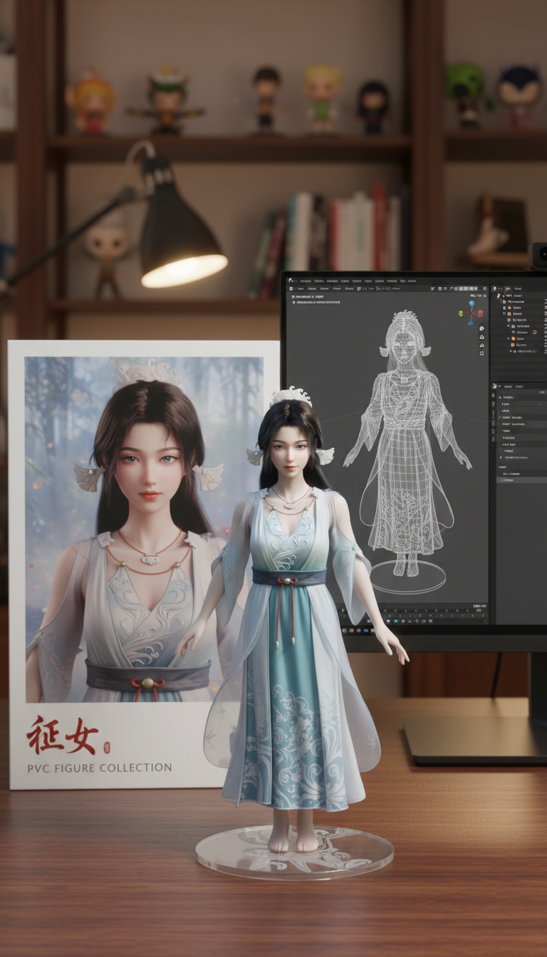 Turn the photo into a character figure. Behind it, place a box with the character’s image printed on it, and a computer showing the Blender modeling process on its screen. In front of the box, add a round transparent PVC base with the character figure standing on it. Set the scene indoors.